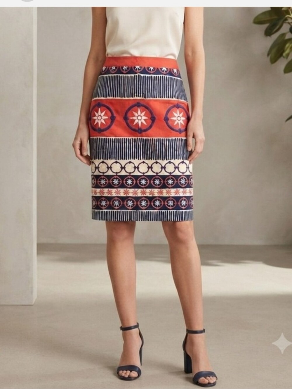 Boden Red, Navy & Cream Geometric-Stripe Pencil Skirt